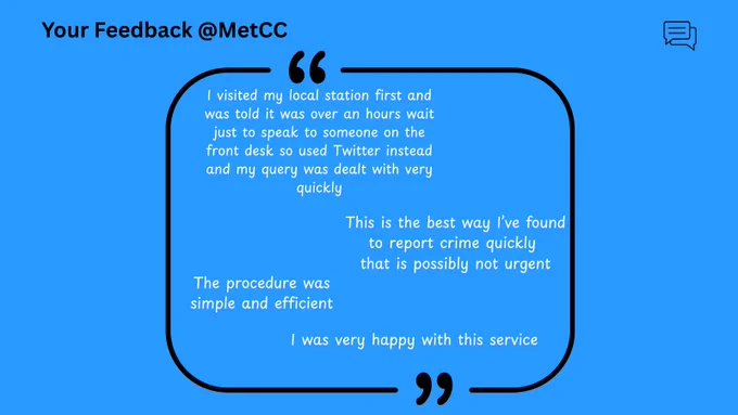 Feedback for @MetCC shown in speech bubbles on a blue background. Positive comments include query dealt with quickly on Twitter instead of a long wait, best way to report non-urgent crime, simple and efficient procedure, and satisfaction with the service.