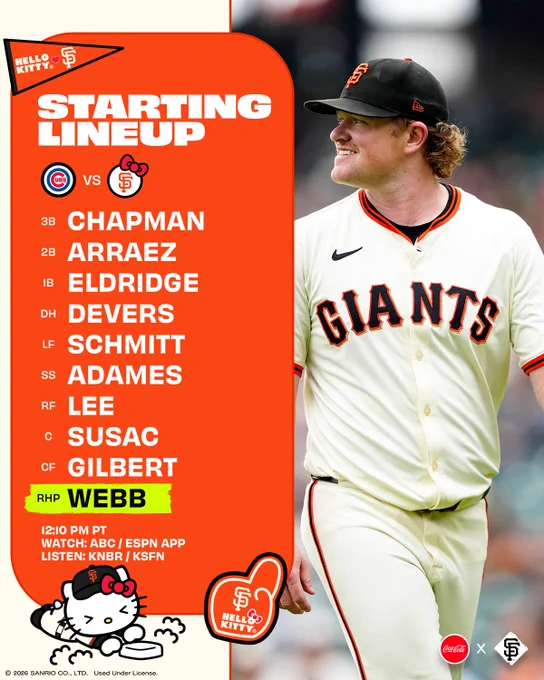 Matt Chapman - 3B
Luis Arraez - 2B
Bryce Eldridge - 1B
Rafael Devers - DH
Casey Schmitt - LF
Willy Adames - SS
Jung Hoo Lee  - RF
Daniel Susac - C
Drew Gilbert - CF

RHP Logan Webb