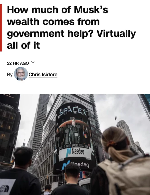 Screenshot of headline reading: How much of Musk's wealth comes from government help? Virtually all of it