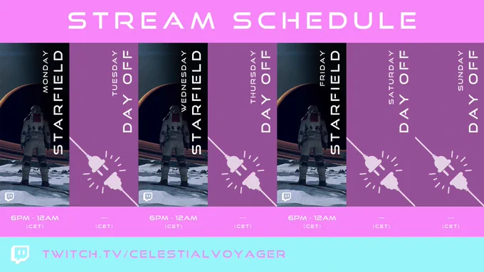 Celestial Voyager's weekly stream schedule on Twitch!