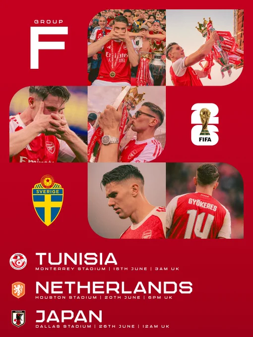 Image graphic of Viktor Gyokeres ahead of Sweden's Group F matches with the text:
versus Tunisia at Monterrey Stadium 15th of June at 3am UK
versus Netherlands at Houston Stadium 20th of June at 6pm UK
versus Japan at Dallas Stadium 26th of June at 12am UK