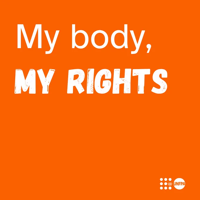 An orange card with white text which reads “My body, my rights.” The UNFPA logo is in the bottom right corner.