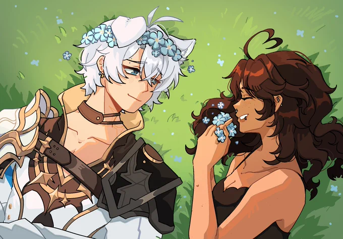 Phainon looking lovingly at my sona with a forget me not flower crown ♡