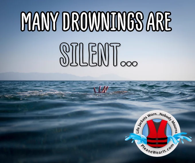 A water safety graphic showing calm open water with only a small red object visible in the distance. Large text at the top reads \u201CMANY DROWNINGS ARE SILENT\u2026.\u201D A U.S. Army Corps of Engineers water safety logo appears in the lower right corner, emphasizing the often unnoticed nature of drowning incidents.