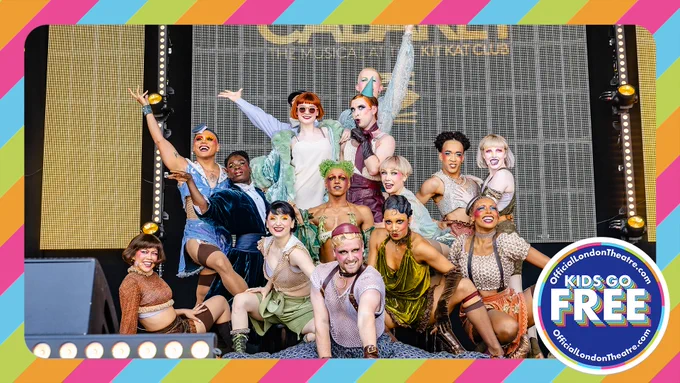 A photo of Cabaret a performing at West End Live. The image has a colourful border and roundel in the bottom right corner which reads 'Kids go free, OfficialLondonTheatre.com'