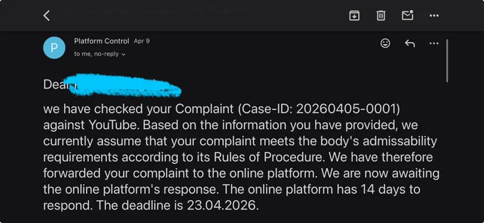 Screenshot of an official email notification from Platform Control confirming that the user's dispute file has been formally assessed, deemed fully admissible under the Digital Services Act (DSA), and successfully forwarded to YouTube for a response.
