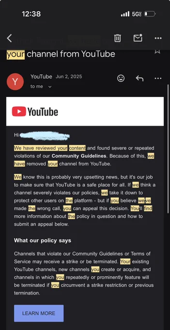 Screenshot of an official email from YouTube dated June 2nd, 2025, stating that the channel has been terminated due to “severe or repeated violations of Community Guidelines” — Completely omitting any specific policy or rule violated.