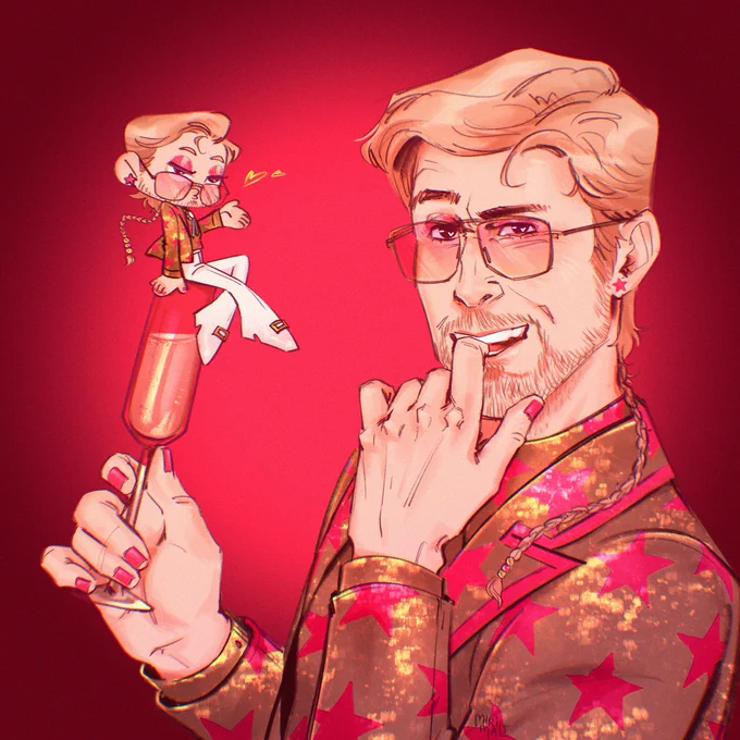 Digital illustration of Donathan (from the SNL sketch Wedding Tradition) smiling while wearing glasses, star-shaped earrings, pink-painted nails, pink eyeshadow and his gold star patterned jacket. He bites his finger excitedly while holding a champagne glass topped with a tiny chibi version of himself, who sits on the rim and blows a kiss.