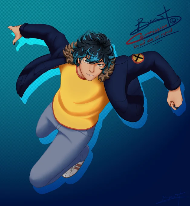 Comissão de corpo inteiro colorida e renderizada do personagem Luka Couffaine da animação "Miraculous: As Aventuras de Ladybug" com as roupas do personagem Scott Pilgrim em uma pose dinâmica escolhida pelo cliente.