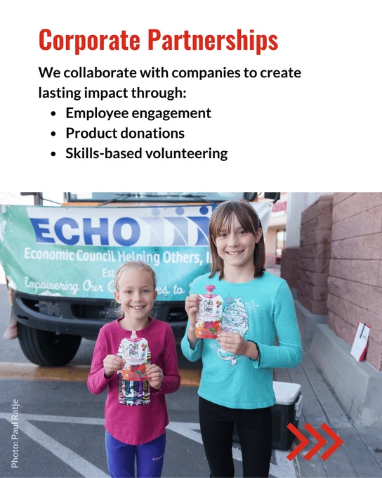 Two children stand smiling, holding food pouches in front of a truck. The top text reads "Corporate Partnerships. We collaborate with companies to create lasting impact through: Employee engagement, product donations, skills-based volunteering" 
