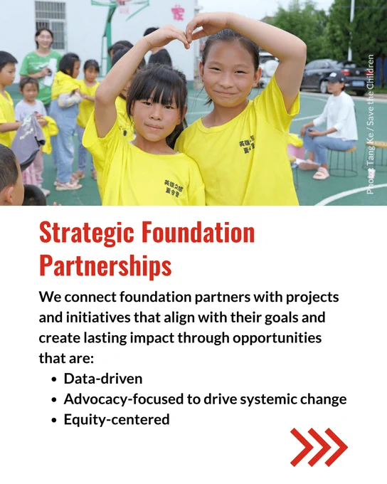 Children in yellow T-shirts smiling on a playground making heart shapes with their hands above their heads. The text below reads: "Strategic Foundation Partnerships. We connect foundation partners with projects and initiatives that align with their goals and create lasting impact through opportunities that are: Data-driven, Advocacy-focused to drive systemic change, Equity-centered.