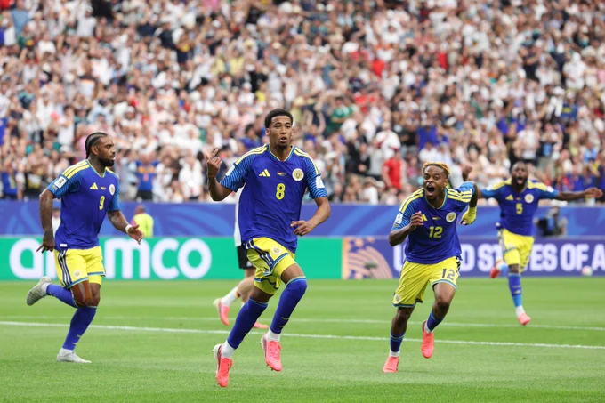 Curaçao players celebrate after Livano Comenencia’s goal against Germany at FIFA World Cup 2026.