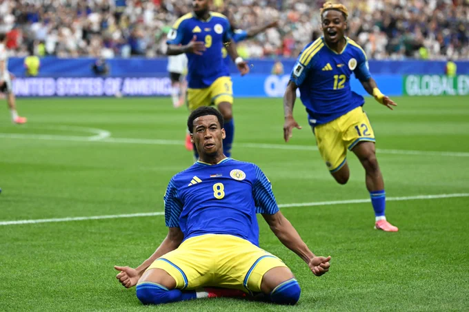 Livano Comenencia of Curaçao celebrates after scoring a goal during the FIFA World Cup 2026 match against Germany.