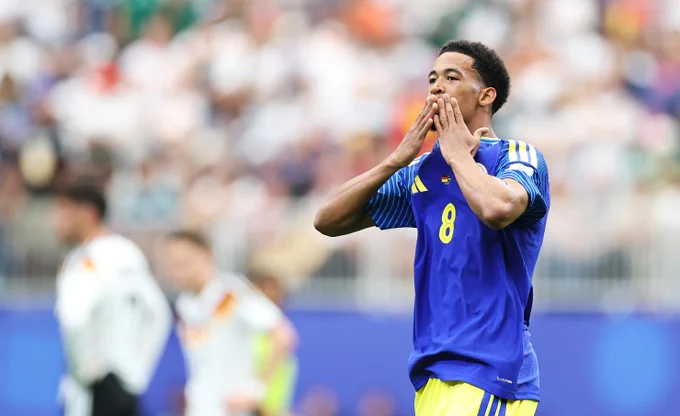 Livano Comenencia of Curaçao celebrates after scoring a goal during the FIFA World Cup 2026 match against Germany.