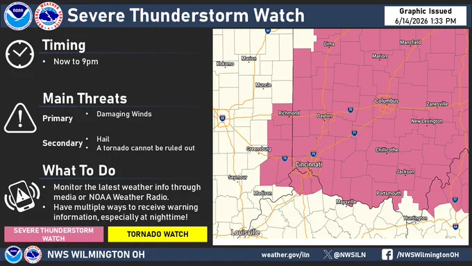 Graphic showing a severe thunderstorm watch for much of the area through 9pm.