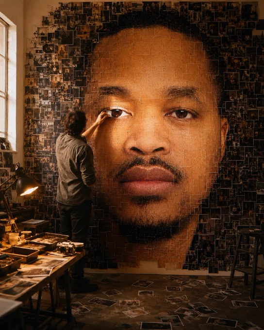 A warm cinematic studio scene shows a photographer standing in front of a wall-sized portrait made from hundreds of overlapping photo prints. The massive face fills the wall and looks directly at the viewer. The photographer reaches up to place the final small print into one eye, making the portrait feel alive. Loose photographs, developer trays, a camera, and a desk lamp sit around the studio floor and worktable. The lighting is amber, dramatic, and gallery-like.