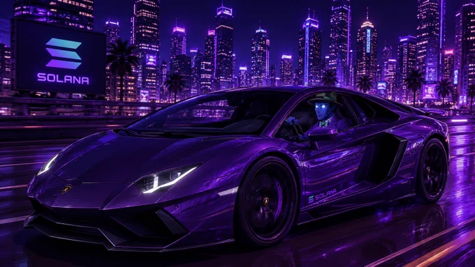 A sleek purple Lamborghini drives through a neon-lit cityscape, with a blue-skinned driver wearing a hat.