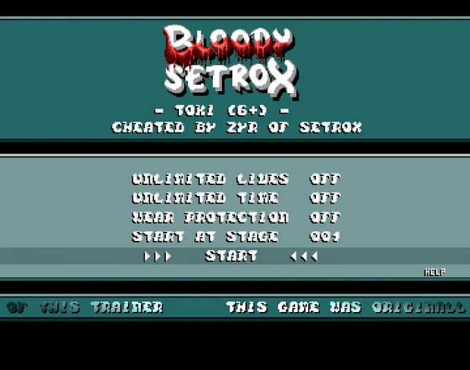 Screenshot of "Toki" - Trainer ( 4): Setrox - Published by Ocean on Commodore Amiga (1991)