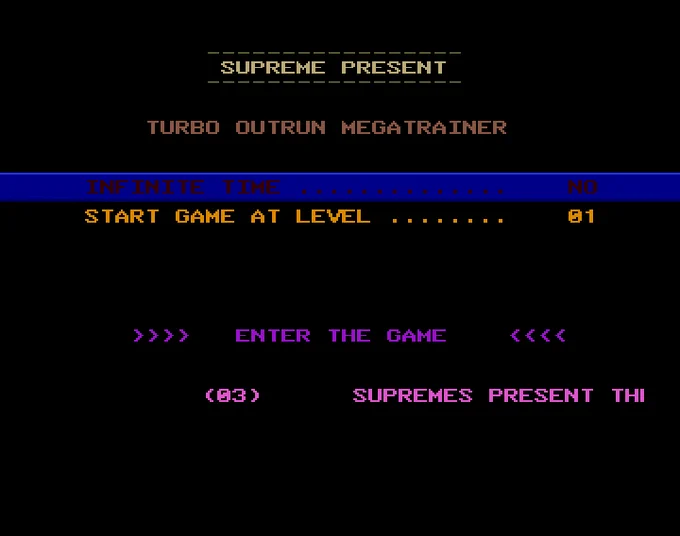 Screenshot of "Turbo Out Run" - Crack and Trainer ( 2): Supreme - Published by U.S. Gold on Commodore Amiga (1990)
