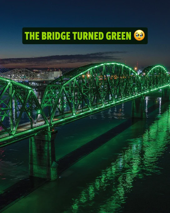 A bridge illuminated with green lights during nighttime, creating a visually striking effect with reflections on the water. The mood is serene and captivating.