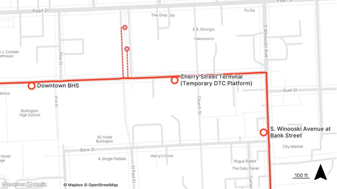 Map showing a transit route from Downtown BHS to S. Winooski Avenue at Bank Street with a stop at Cherry Street Terminal.