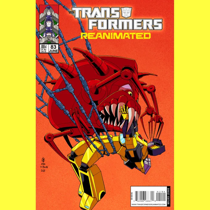 The cover for Transformers REANIMATED issue 83 features a Mecannibal trapping Sunstreaker in his legs with scary teeth and eyes.