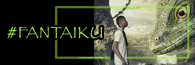 #Fantaiku banner. An image of a young man standing face to face with a giant lizard. Their chance meeting in a magical land is just the beginning of an amazing adventure. AI-tagged image credit: creativeralph on Pixabay.