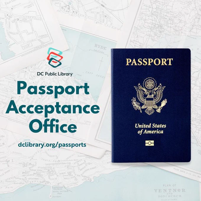 A U.S. passport is placed on map backgrounds. The text reads "Passport Acceptance Office" with the DC Public Library logo and the website "dclibrary.org/passports.