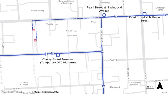 Map showing a transit route from Pearl Street at N Union Street to Cherry Street Terminal with marked stops and street names.