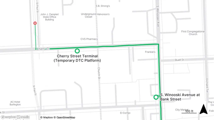 Map showing the Cherry Street Terminal and S. Winooski Avenue at Bank Street transit stops connected by a green route line.