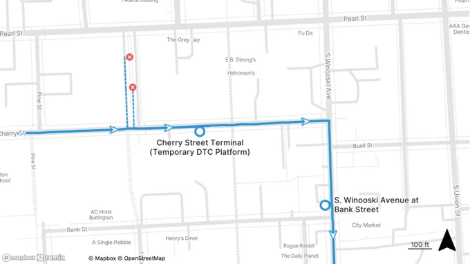 Map showing a transit route from Cherry Street Terminal to S. Winooski Avenue at Bank Street with directional arrows.