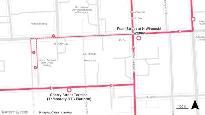 Map showing transit route from Cherry Street Terminal to Pearl Street at N Winooski Avenue with marked stops and directional arrows.