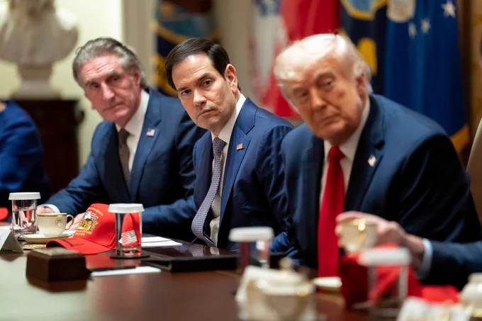 First picture of President Trump, Secretary Rubio, and Secretary Burgum sitting at a table, looking in the same direction. Second picture is of Secretary Rubio standing at a podium, smiling, while President Trump stands behind smiling as well. 
