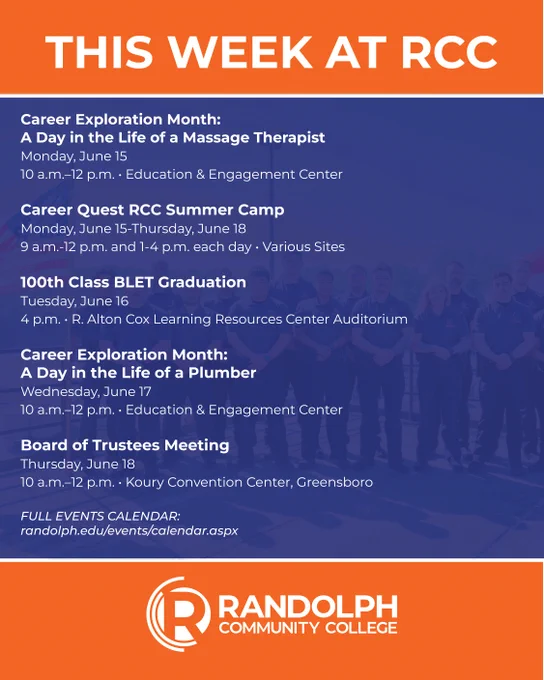 Graphic titled "This Week at RCC." Events listed include A Day in the Life of a Massage Therapist on June 15, Career Quest RCC Summer Camp June 15-18, 100th Class BLET Graduation on June 16, A Day in the Life of a Plumber on June 17, and a Board of Trustees Meeting on June 18. Includes link to the full events calendar at randolph.edu/events/calendar.aspx and Randolph Community College branding.