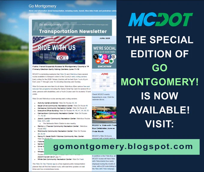 Special edition of Go Montgomery transportation newsletter now available from MCDOT with updates on local transit and voting information.