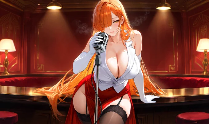 A seductive anime-style woman with long flowing orange hair and golden eyes, wearing a revealing white button-up shirt, red skirt with garter belt and black stockings, and white gloves. She leans against a bar counter while singing passionately into a vintage microphone in a dimly lit, luxurious red lounge with dramatic spotlighting.