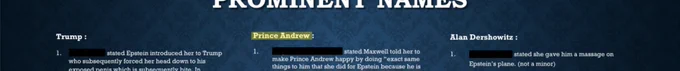 FBI NTOC compilation page titled Prominent Names listing victim statements about Prince Andrew