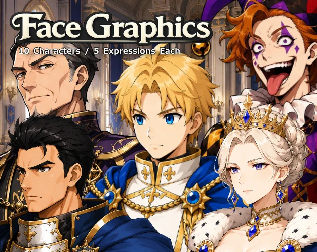 Thumbnail for FG10, a 50-piece fantasy palace face graphics pack featuring a prince, queen, knight captain, soldier, and court jester for RPG Maker, JRPG dialogue scenes, royal castle events, political drama, and indie game development.