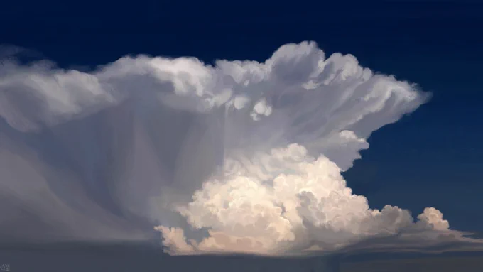 Digital painting of a large storm cell in a dark blue sky: the cell has a bubbling, cauliflower-like core, with a long, developing anvil structure over it. The lighting is yellowish, dramatic.