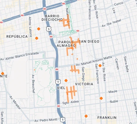 Imagen del mapa de cortes en línea donde se muestra el sector afectado por el corte de energía