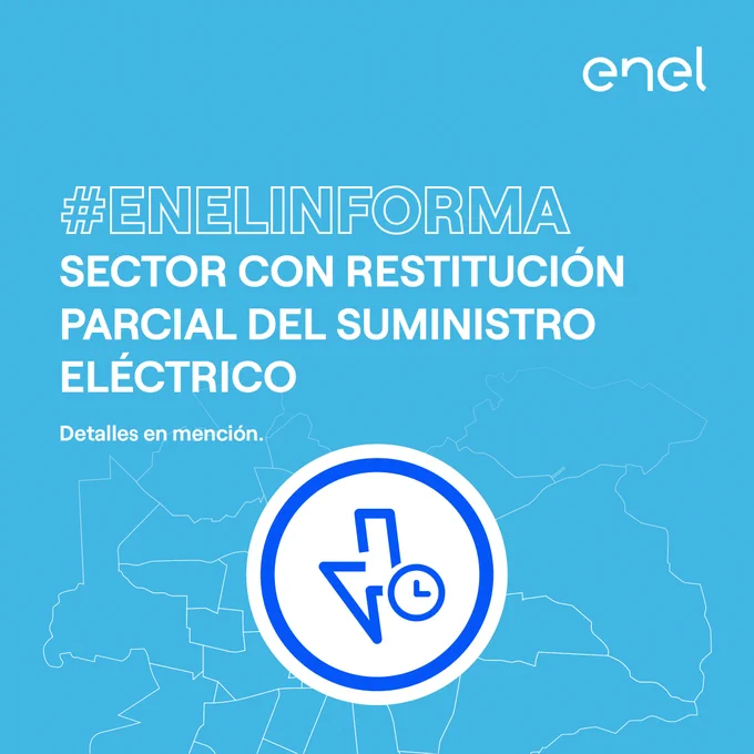 Ilustración celeste del mapa de Santiago con el dibujo de un rayo y un reloj con el texto “Enel Informa: Sector con restitución parcial del suministro eléctrico. Detalles en mención
