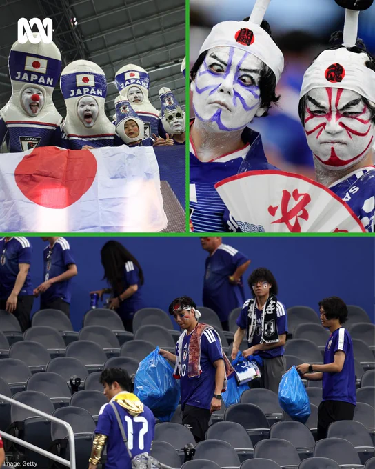 The Japanese fans dazzle in face paint and costume, and then clean up under every seat before leaving the stadium.
