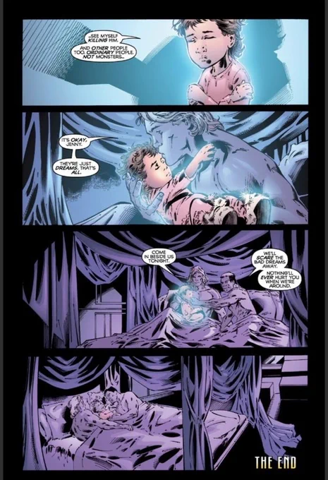 Apollo and Midnighter's daughter Jenny is there. She's a young child, maybe 6. She says "...see myself killing him. And other people too. Ordinary people. Not monsters..." 

Apollo holds her and kisses the top of her forehead, saying "It's okay, Jenny. They're just dreams, that's all."

Apollo says, "come in beside us tonight." Midnighter reaches out to Jenny and says, "we'll scare the bad dreams away. Nothing'll ever hurt you when we're around."

The final panel has Jenny laying between Apollo and Midnighter.