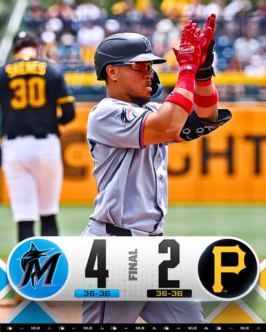 Final score: Miami Marlins 4, Pittsburgh Pirates 2
Team records: Both teams 36-36
Pictured: Heriberto Hernández celebrates crossing home plate after hitting a solo home run Sunday at PNC Park