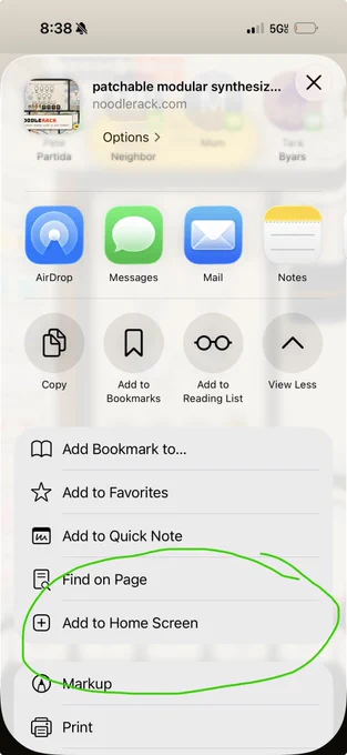 Share menu on iOS - this image shows the menu that pops up when a user clicks share on a web page/web app. The “add to Home Screen” command adds the web app as an icon on the users Home Screen, for quick and easy access.