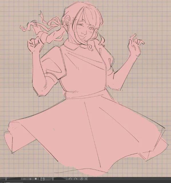 A drawing of Marina from 'Fear & Hunger 2: Termina' spinning. Marina is wearing a flared skirt dress. The drawing is colored in a solid shade of pink.