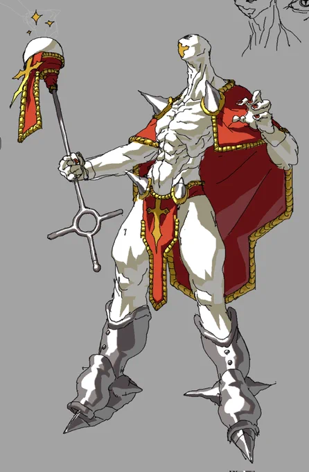 A humanoid being holding a staff. They have white skin and a golden cross covering their mouth. They're wearing a cape, loincloth and armored boots.