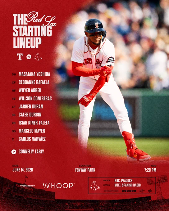 June 14, 2026 lineup vs. Texas Rangers at Fenway Park: Yoshida DH, Rafaela CF, Abreu RF, Contreras 1B, Duran LF, Durbin 3B, Kiner-Falefa 2B, Mayer SS, Narváez C, Early P. Watch on NBC/Peacock and listen on WEEI & Spanish radio at 7:20pm.

IMAGE: Ceddanne Rafaela celebrates on base at Fenway Park wearing the Red Sox home white uniform.