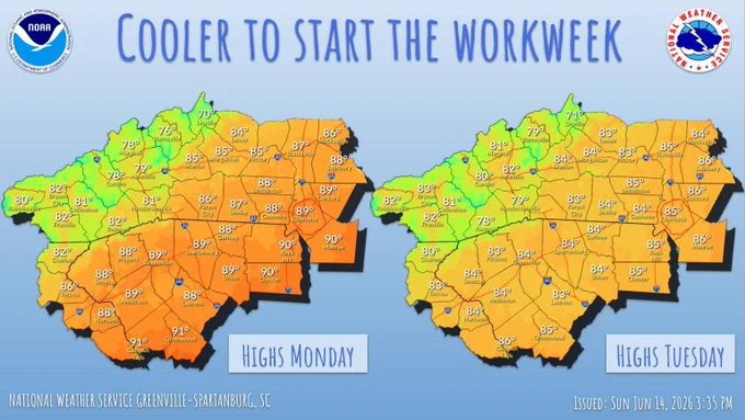 Graphic showing the forecast high temperatures on Monday (image on the left) and Tuesday (image on the right). Cooler start to the workweek. Highs on Monday will range from the mid 80s to lower 90s east of the mountains and the lower 70s to lower 80s across the mountains. Highs on Tuesday will range from the lower to mid 80s east of the mountains and the lower 70s to lower 80s across the mountains.