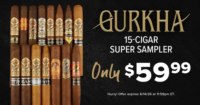Gurkha 15-Cigar Super Sampler advertisement, featuring a selection of cigars lined up with various labels. The text reads "Only $59.99" and mentions the offer expires on 6/14/26 at 11:59 PM ET. Cigars included are Gurkha 125th Anniversary, Gurkha Beast, Gurkha Beauty, Gurkha Black Dragon, Gurkha Centurian, Gurkha Royal Challenge Maduro, Gurkha Crest, Gurkha Elegance, Gurkha Genghis Khan, Gurkha Legend Vintage 2001, Gurkha Seduction, Gurkha Special Ops, Gurkha Status, Gurkha Symphony, and Gurkha Titan. - Thompson Cigar